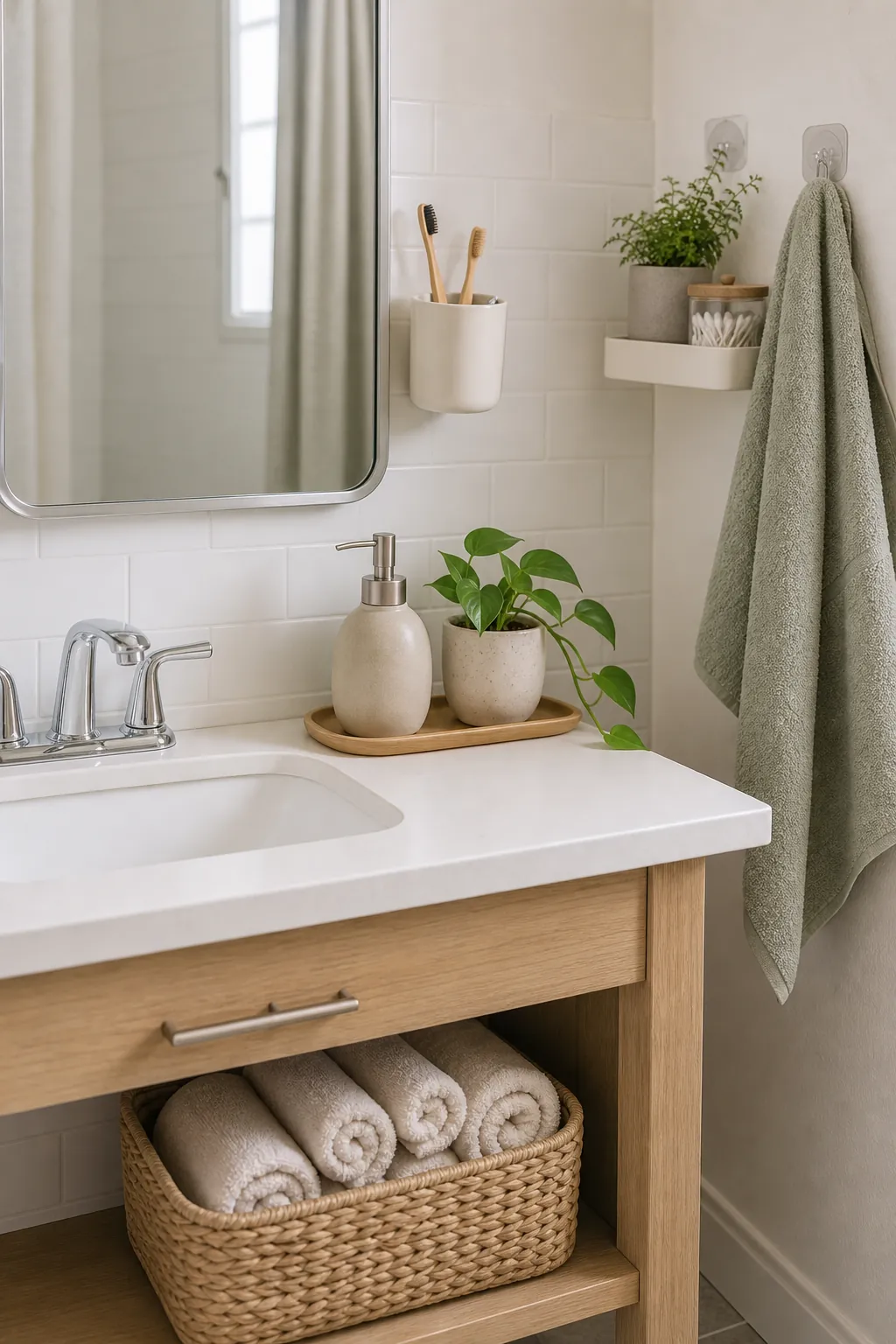 Rental bathroom counter with removable wall storage, small plant, and woven bin below vanity