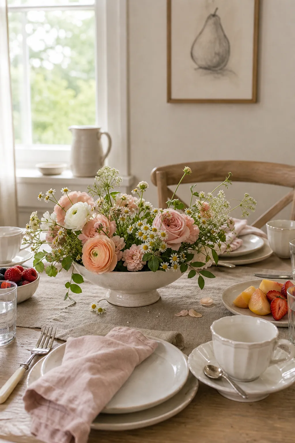 Floral table setting for weekend brunch with a low garden flower bowl and soft table decor