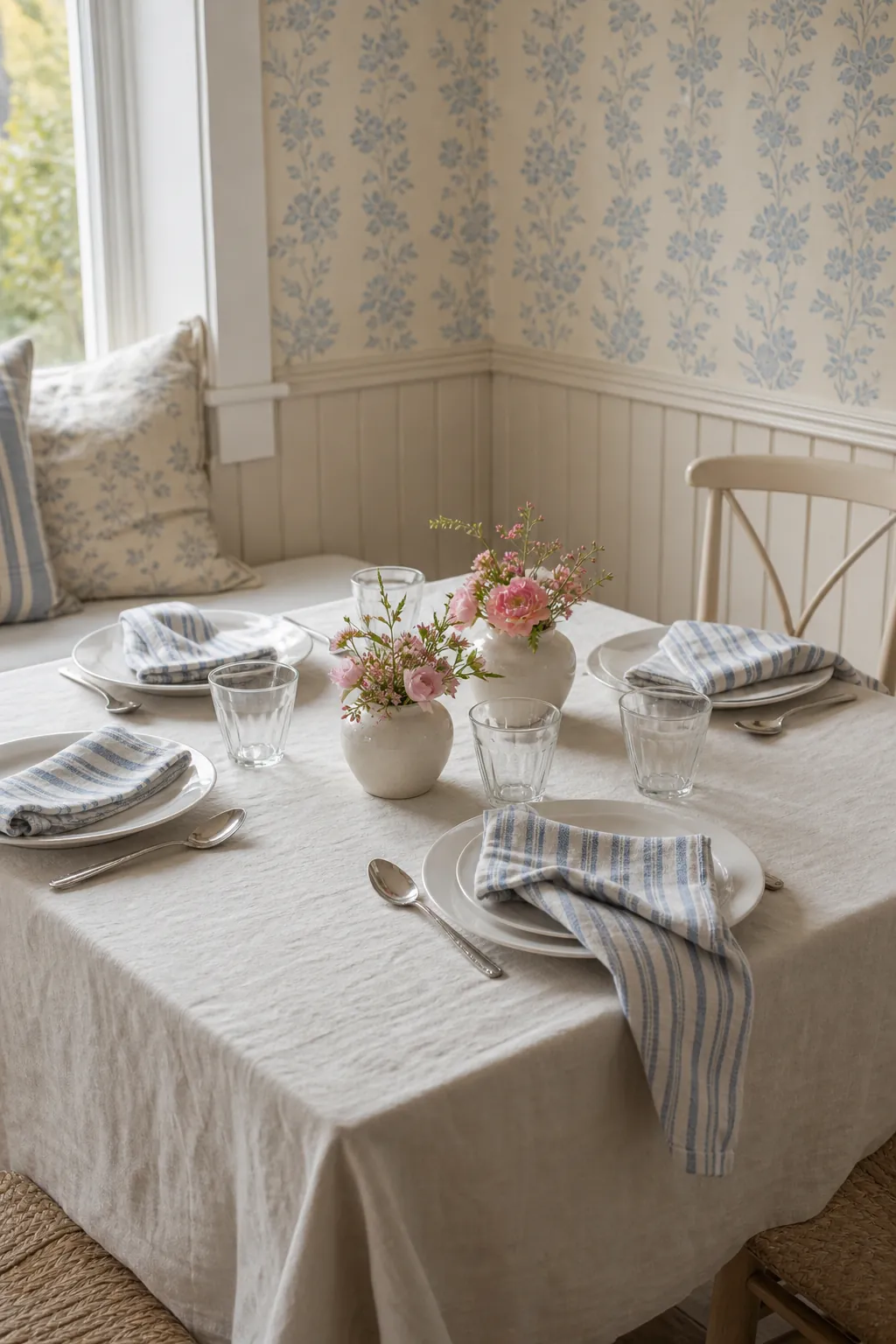Soft floral table linens with cottage decor style for a pretty brunch tablescape