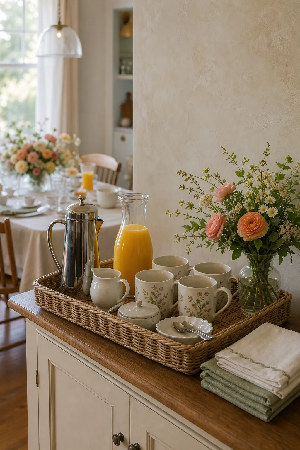 Floral brunch drink station with fresh flowers, coffee, juice, and extra cups near the dining table