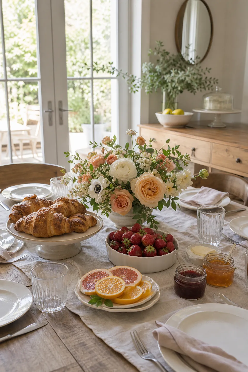 Floral brunch tablescape with fresh flowers, fruit, pastries, and pretty table decor