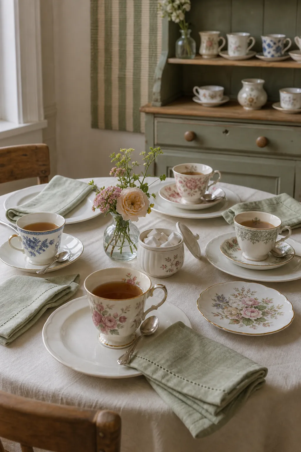 Mismatched teacups and plates in a soft floral table setting for home entertaining
