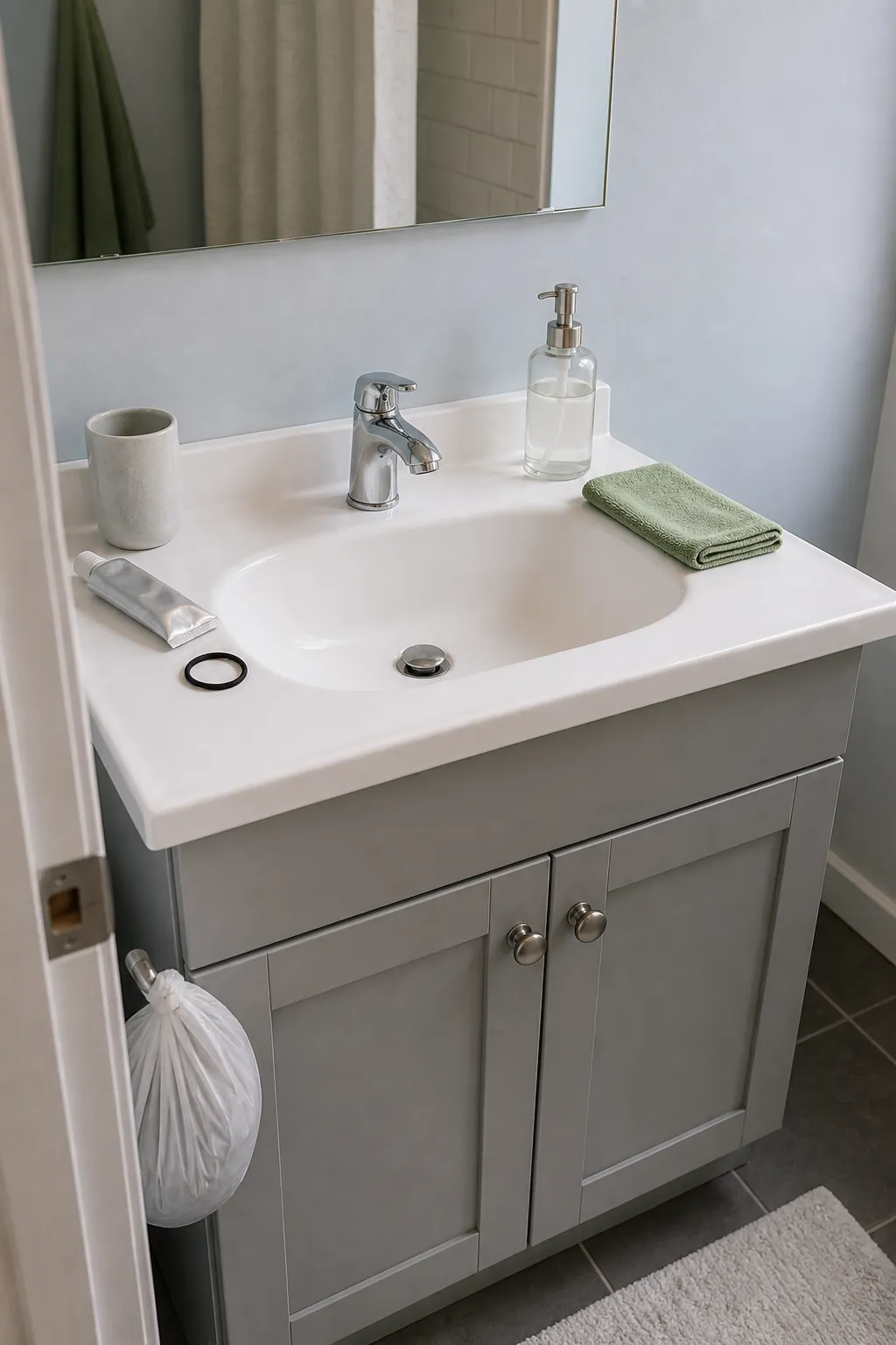 Small bathroom sink weekly wipe zone with simple products and no deep-clean overwhelm