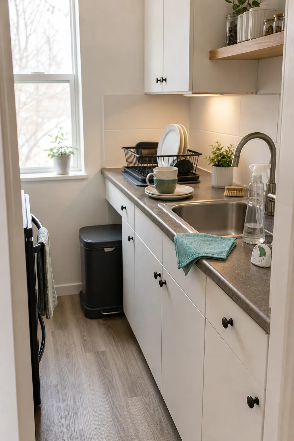 Five-minute small kitchen reset with dishes contained and counters cleared for an easy cleaning routine