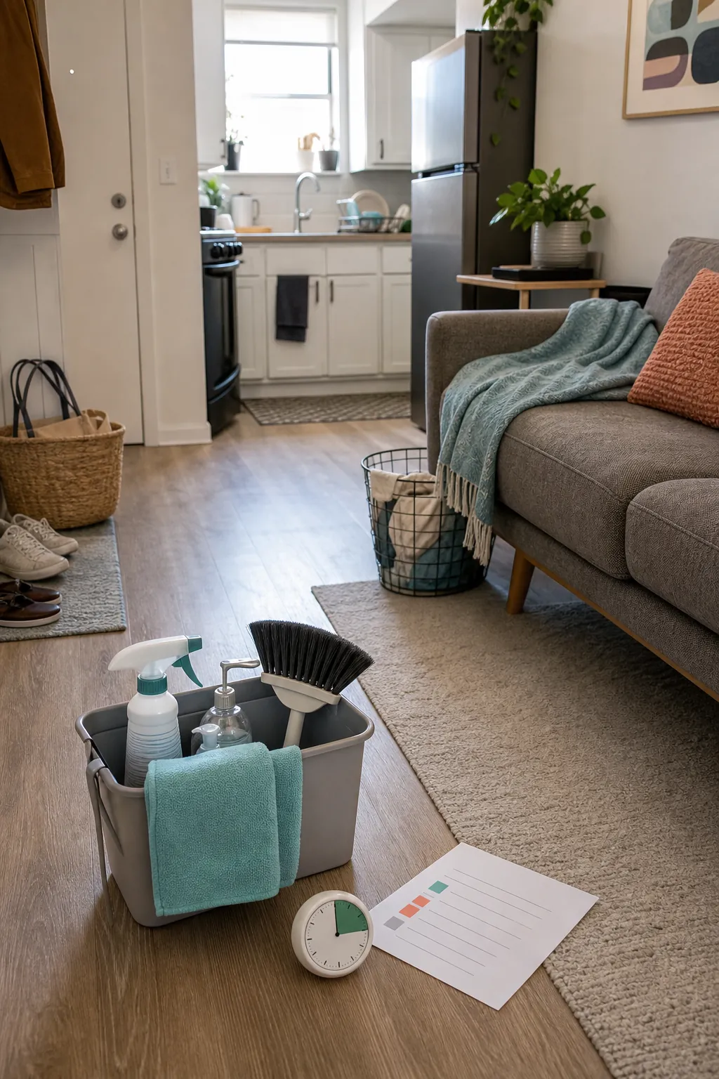 Compact apartment cleaning schedule setup with small caddy and clear reset zones
