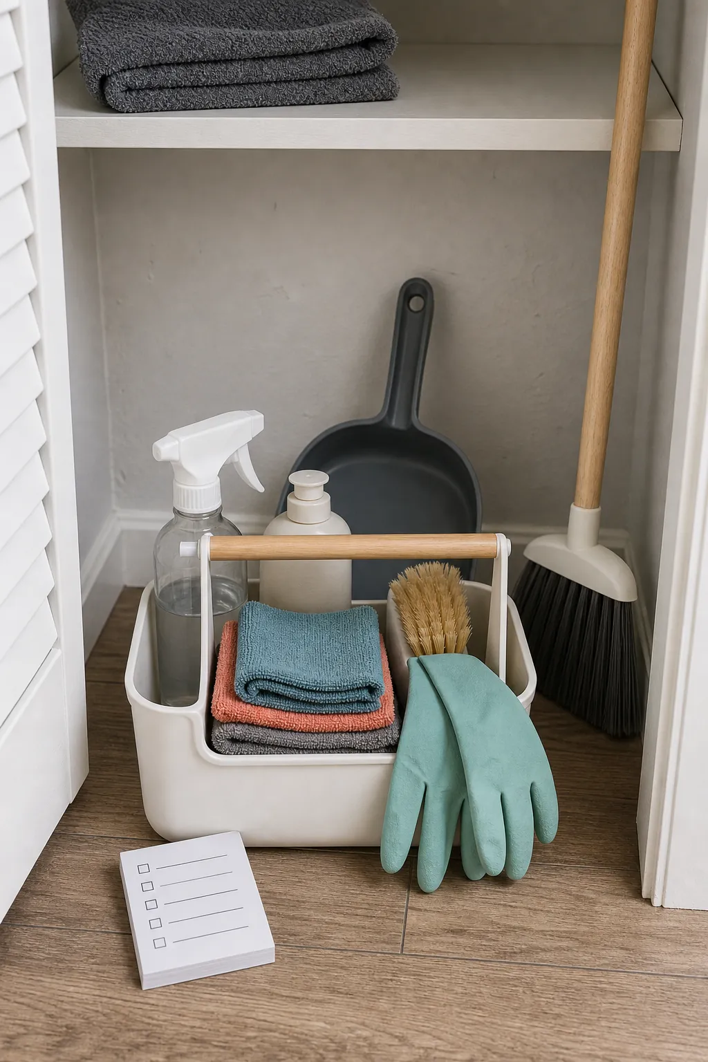 Compact small-space cleaning kit with a caddy, cloths, broom, and simple checklist