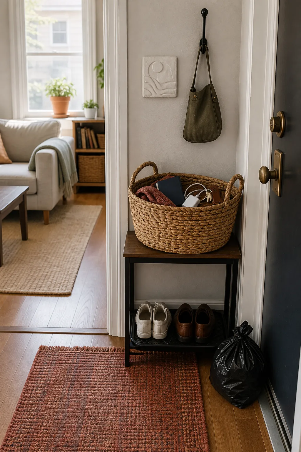 Doorway basket reset for returning clutter to the right rooms in a small apartment