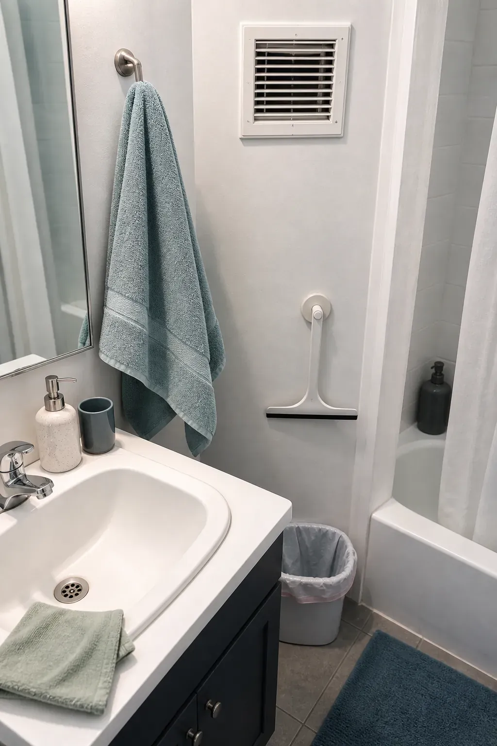 Small bathroom odor control with drain, vent, and towel reset