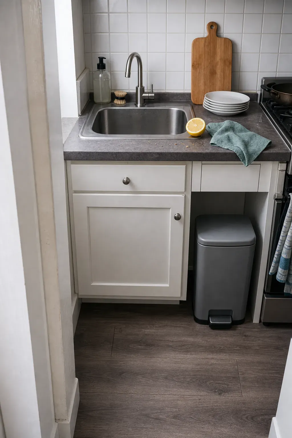 Small kitchen odor source cleaning with sink, trash, and counter reset