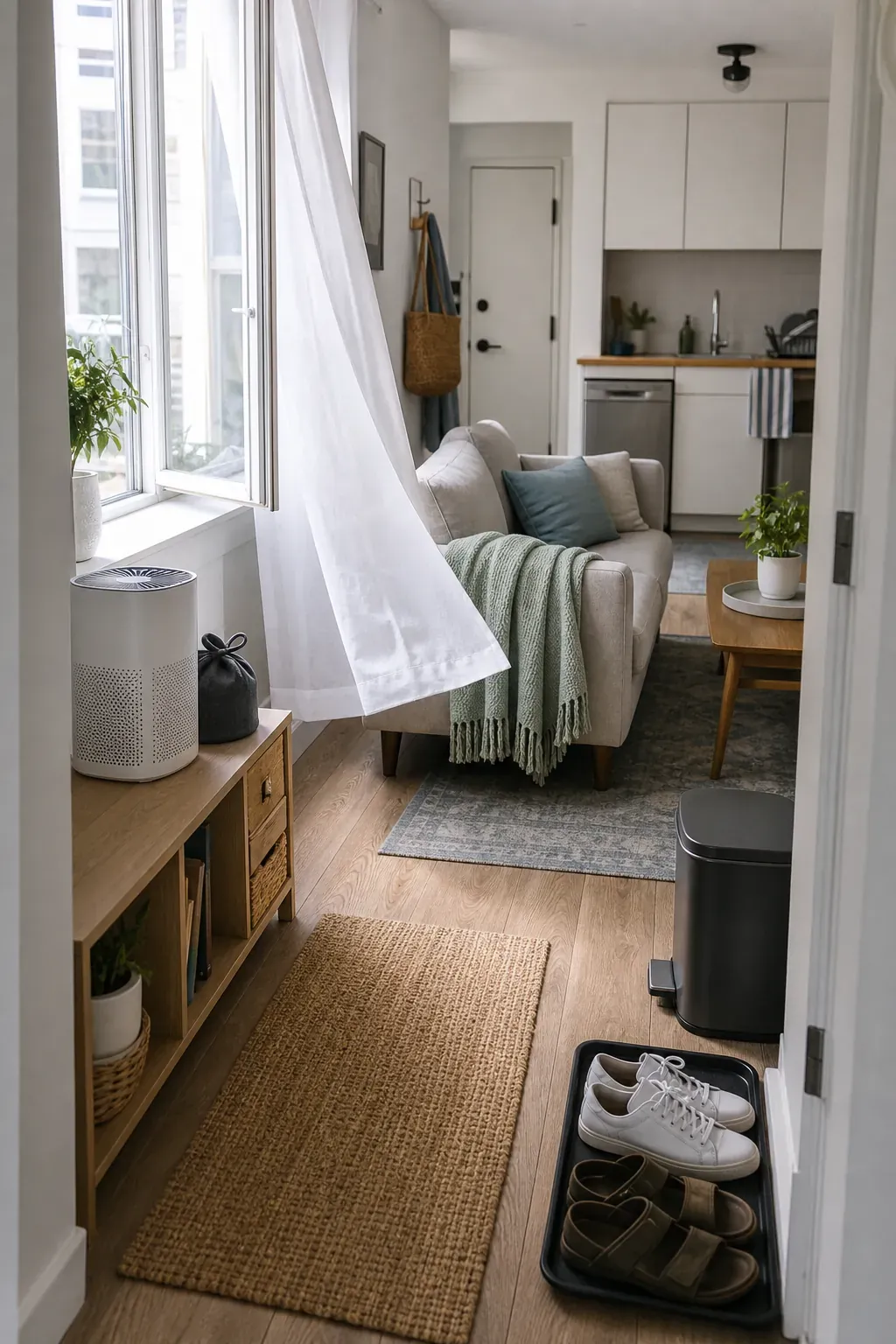 Fresh smelling small apartment with open window, clean surfaces, and practical odor control