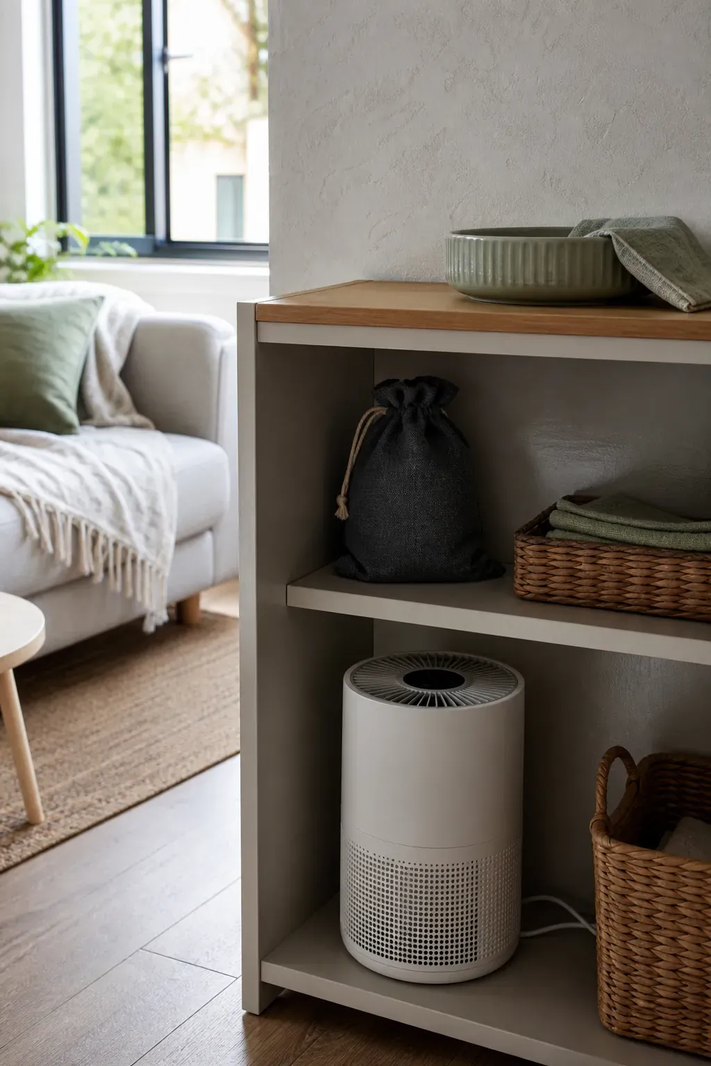Small-space air purifier and charcoal shelf corner for fresh smelling home maintenance