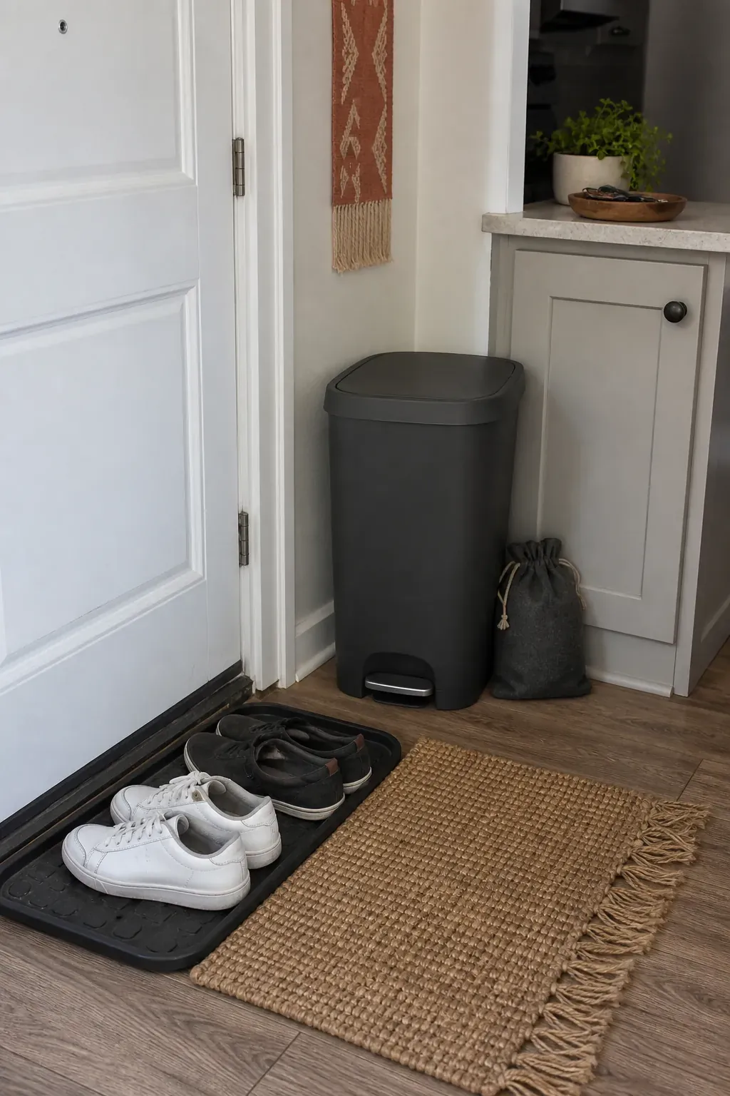 Entry shoe tray and lidded trash setup for small-space odor control