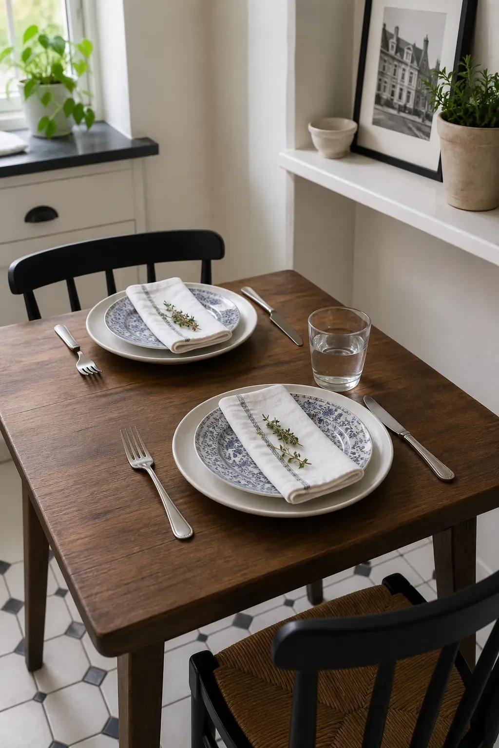 Compact place settings for a small dining table with pretty table decor and simple glassware