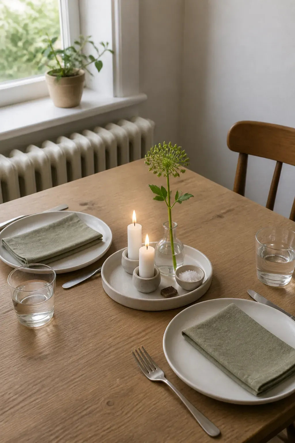 Low tray centerpiece ideas for a small dining table setting with candles and greenery