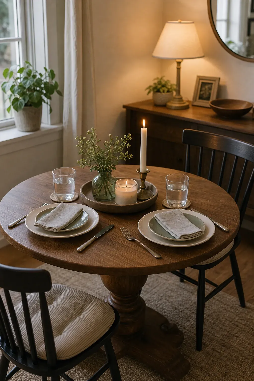 Small table setting that feels special with compact place settings, low centerpiece, warm light, and cozy dining decor