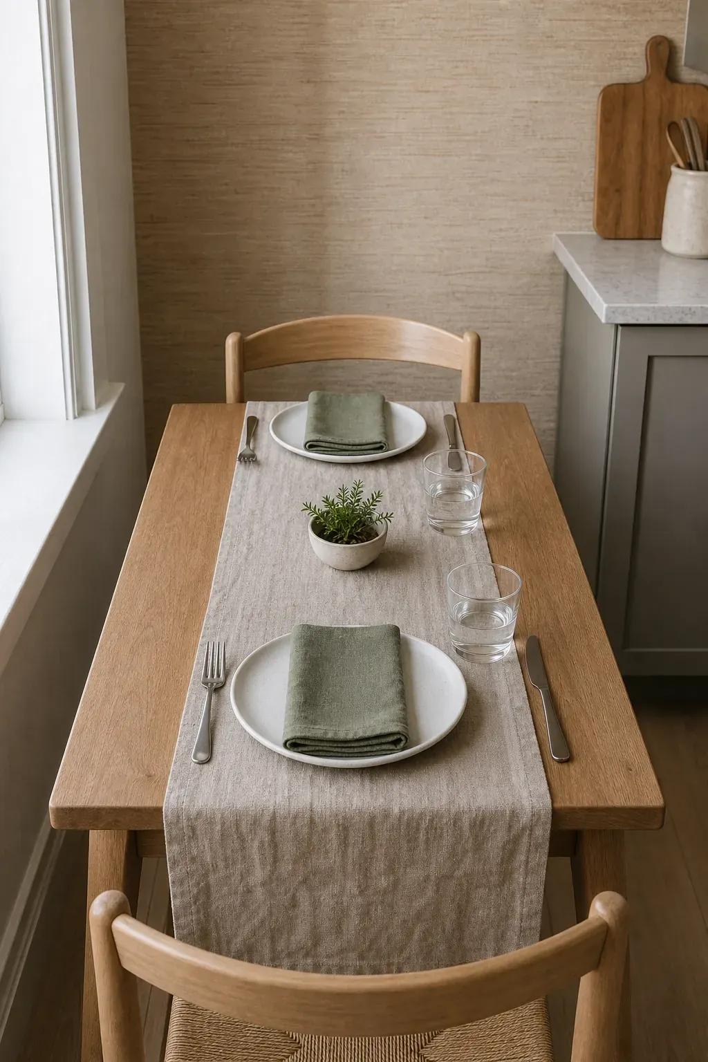 Small table setting with a slim runner, compact plates, and cozy dining table decor