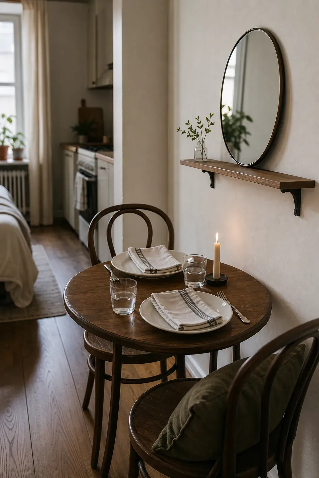 Small dining table against a wall with a special everyday tablescape and cozy table styling