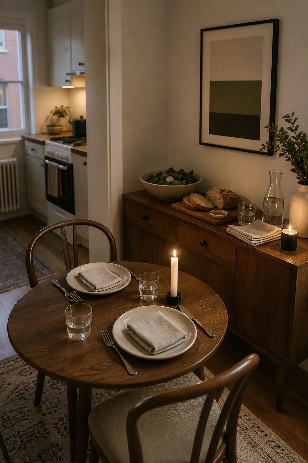 Cozy small table setting with a nearby sideboard for serving dishes and home entertaining