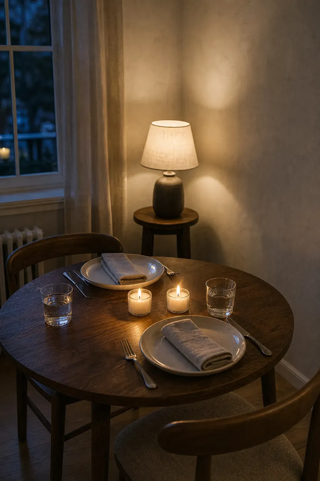 Small table setting with warm candlelight, simple table styling, and intimate cozy dining decor