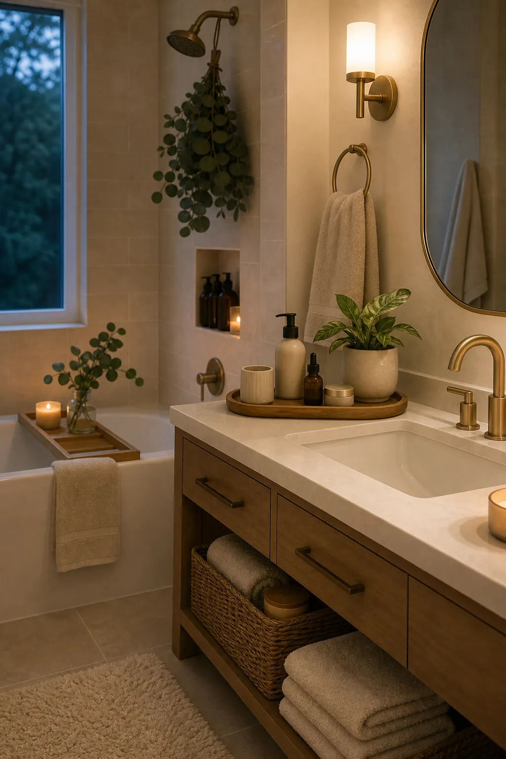 Calm evening bathroom routine with warm lighting, folded towel, plant, tray, and tidy storage