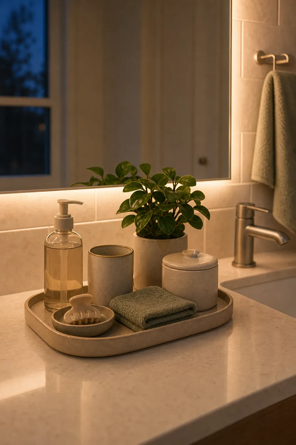 Evening bathroom counter reset with tray, face cloth, plant, and closed storage jar
