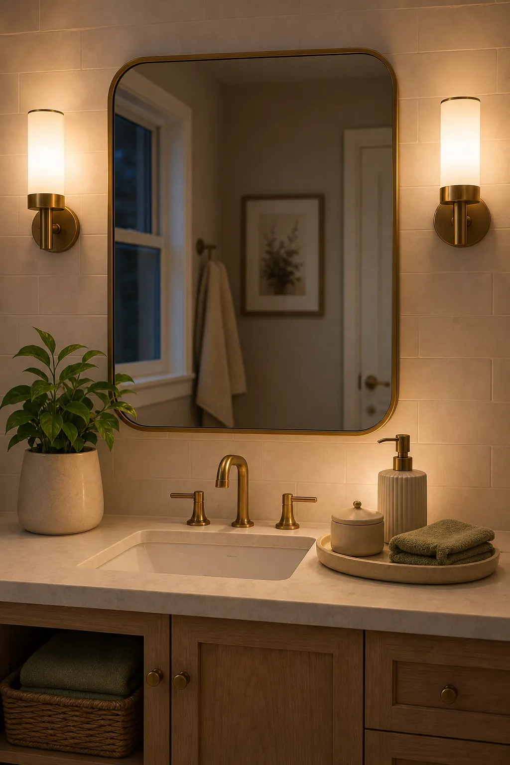 Warm evening bathroom vanity lighting with a clear counter, plant, and folded towel