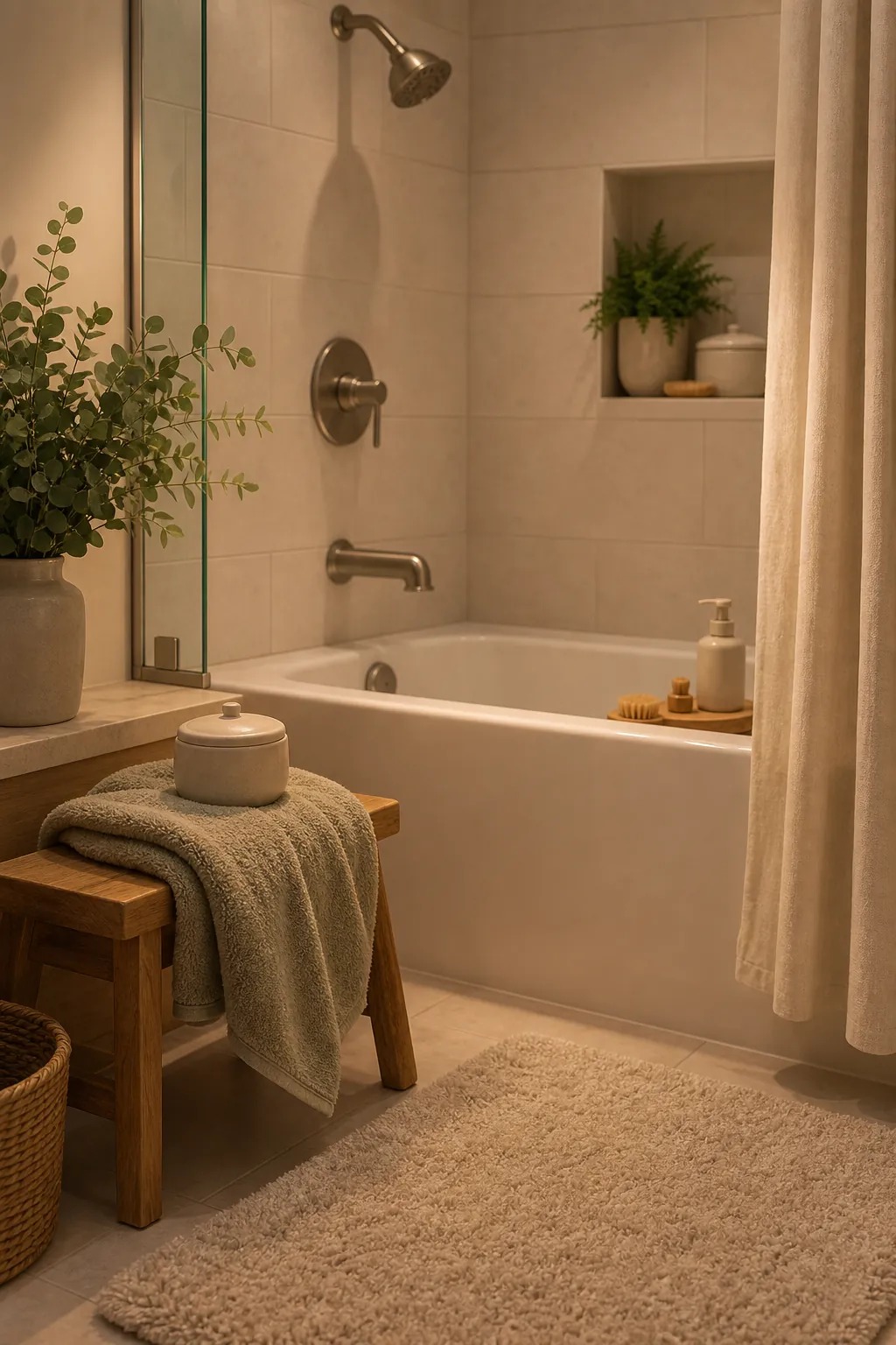 Evening bathroom tub corner with plush bath mat, folded towel, eucalyptus, and fern