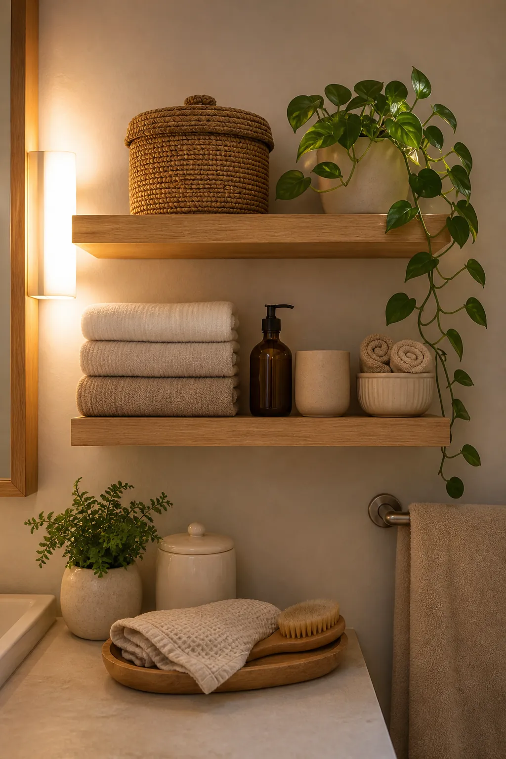 Bathroom shelves prepared for an evening routine with folded towels, greenery, basket, and closed jars