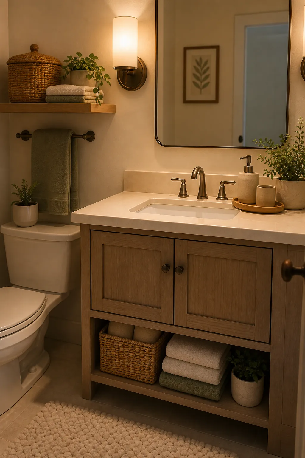 Guest bathroom evening reset with folded towels, plant, lidded basket, clear counter, and bath mat
