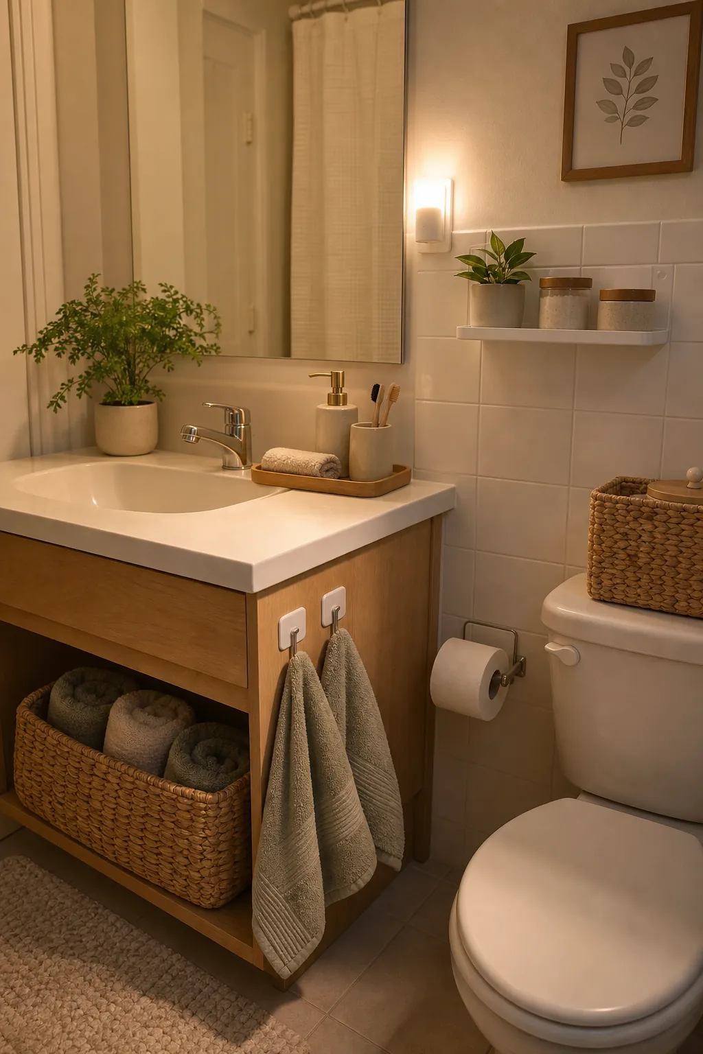 Rental bathroom evening routine setup with removable hooks, soft towel, woven bin, and clear counter