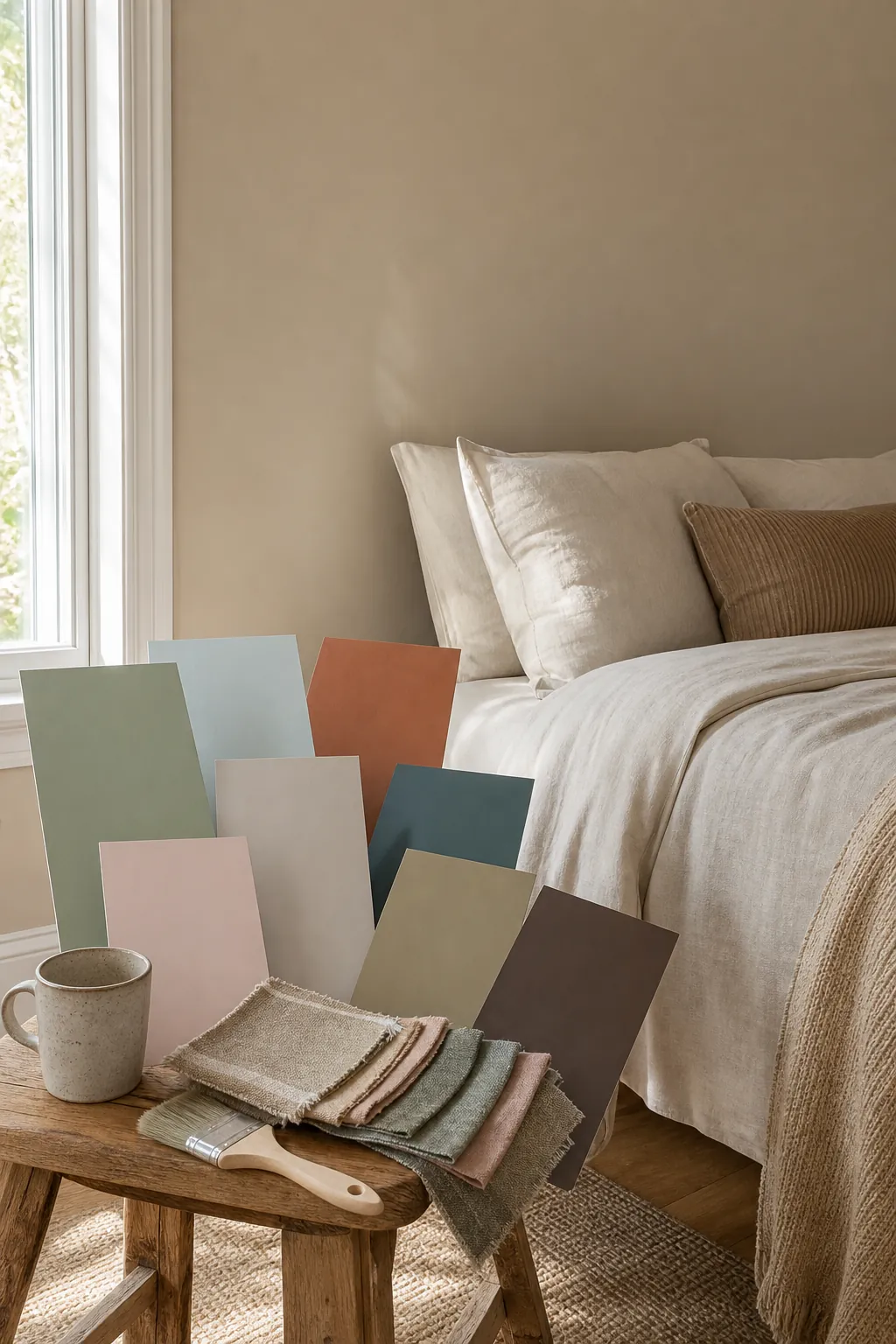 Bedroom color ideas with paint swatches, linen bedding, and warm natural textures