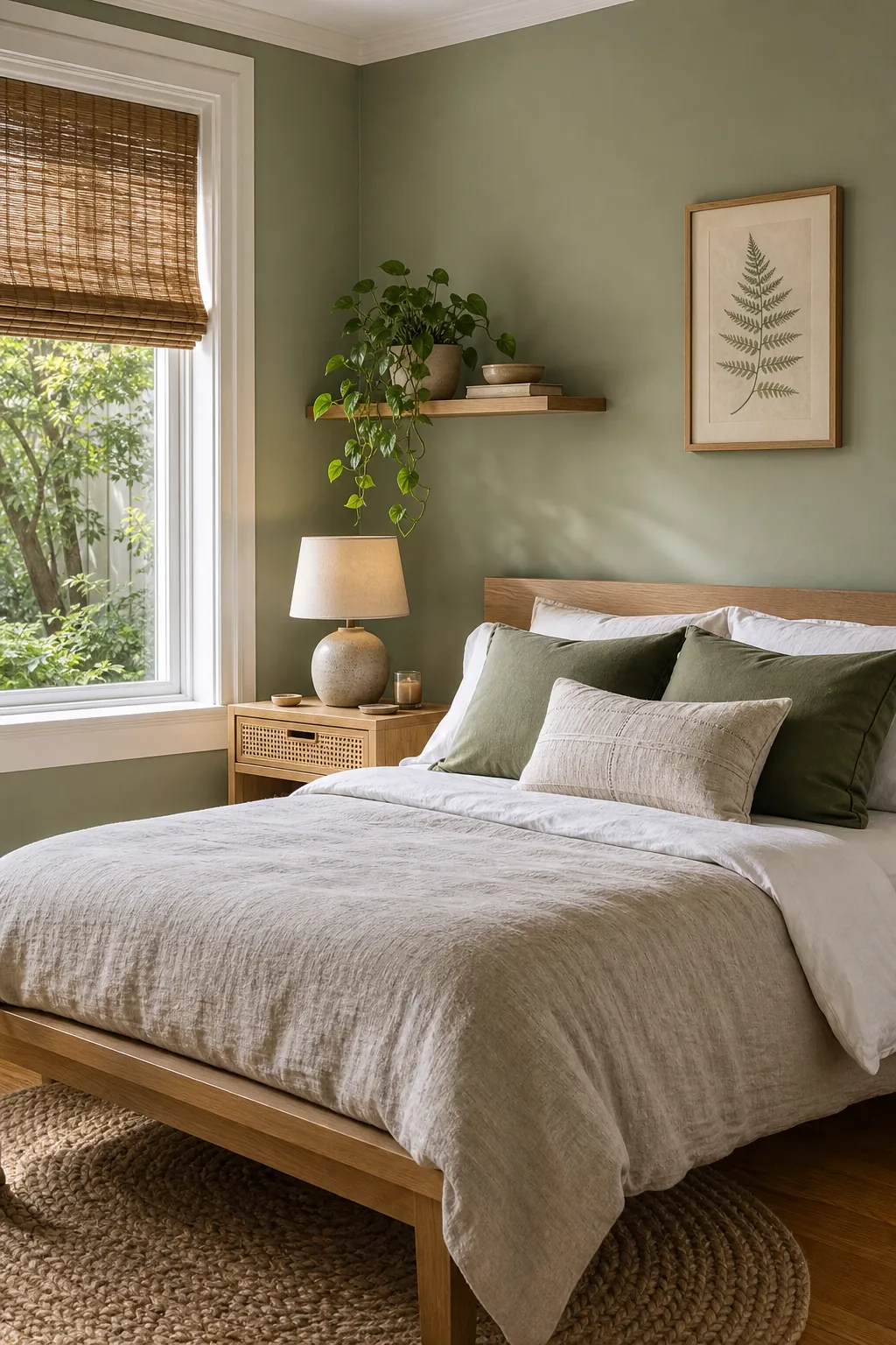 Soft sage green bedroom wall color with natural wood furniture and white bedding