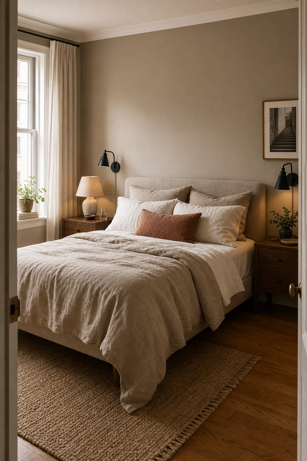 Warm greige bedroom walls with linen bedding and a calm neutral color palette