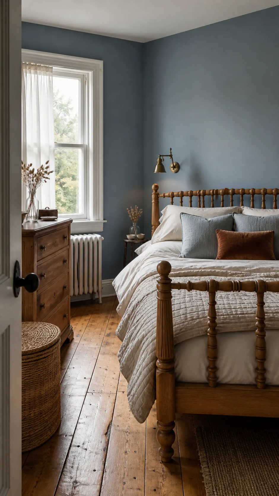 Misty blue bedroom walls paired with warm wood furniture and cream bedding