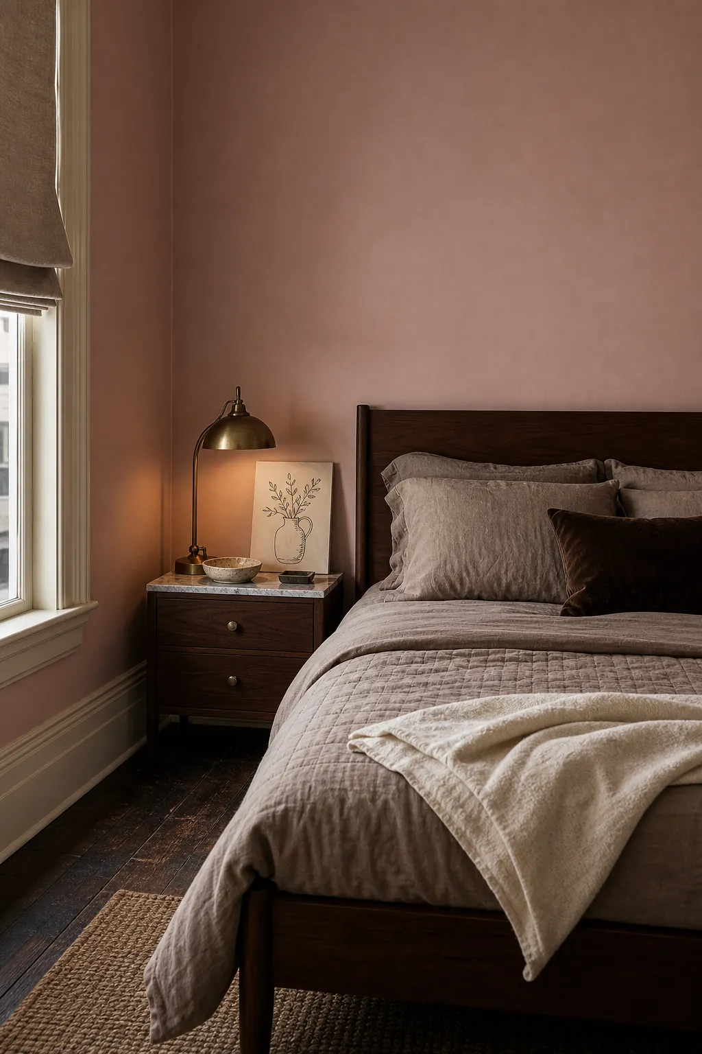 Grown up plaster pink bedroom walls with taupe bedding and dark wood accents