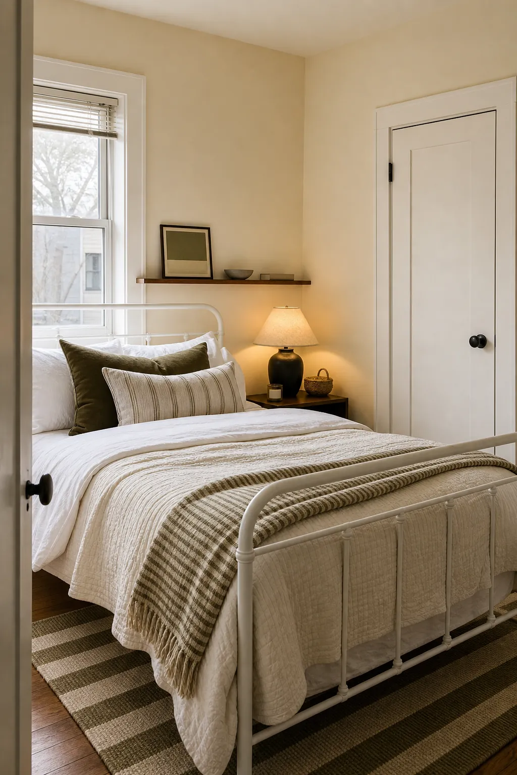 Buttery cream bedroom walls with white trim and layered neutral bedding