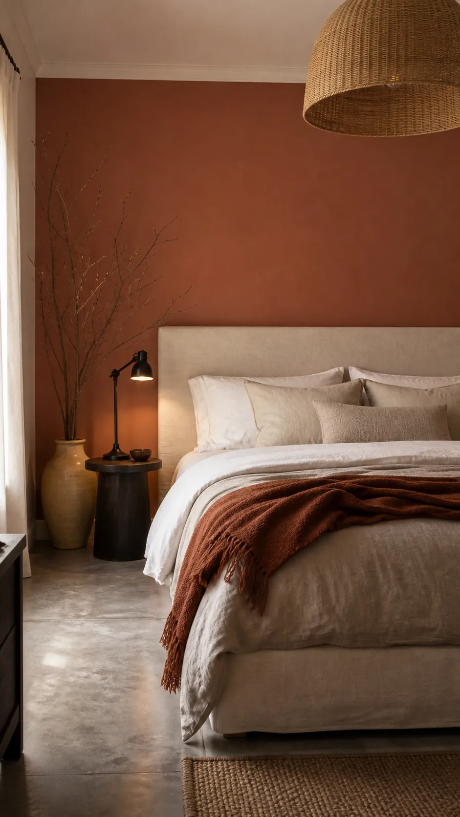 Clay terracotta bedroom wall with cream bedding and natural woven textures