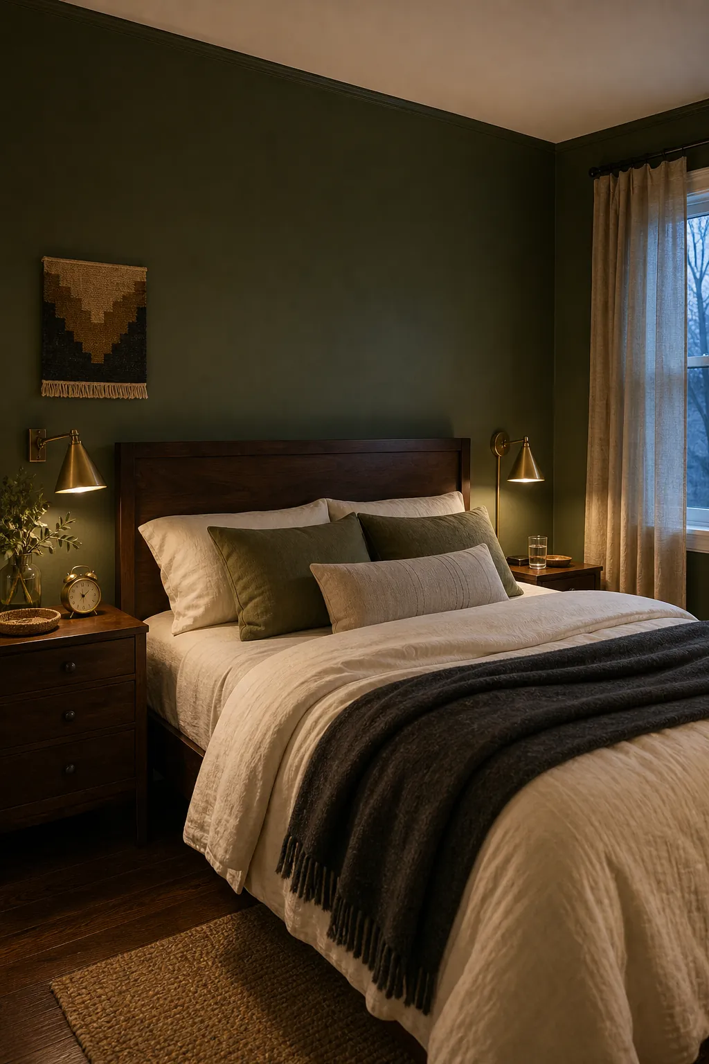 Deep olive green bedroom walls with cream bedding and dark wood nightstands