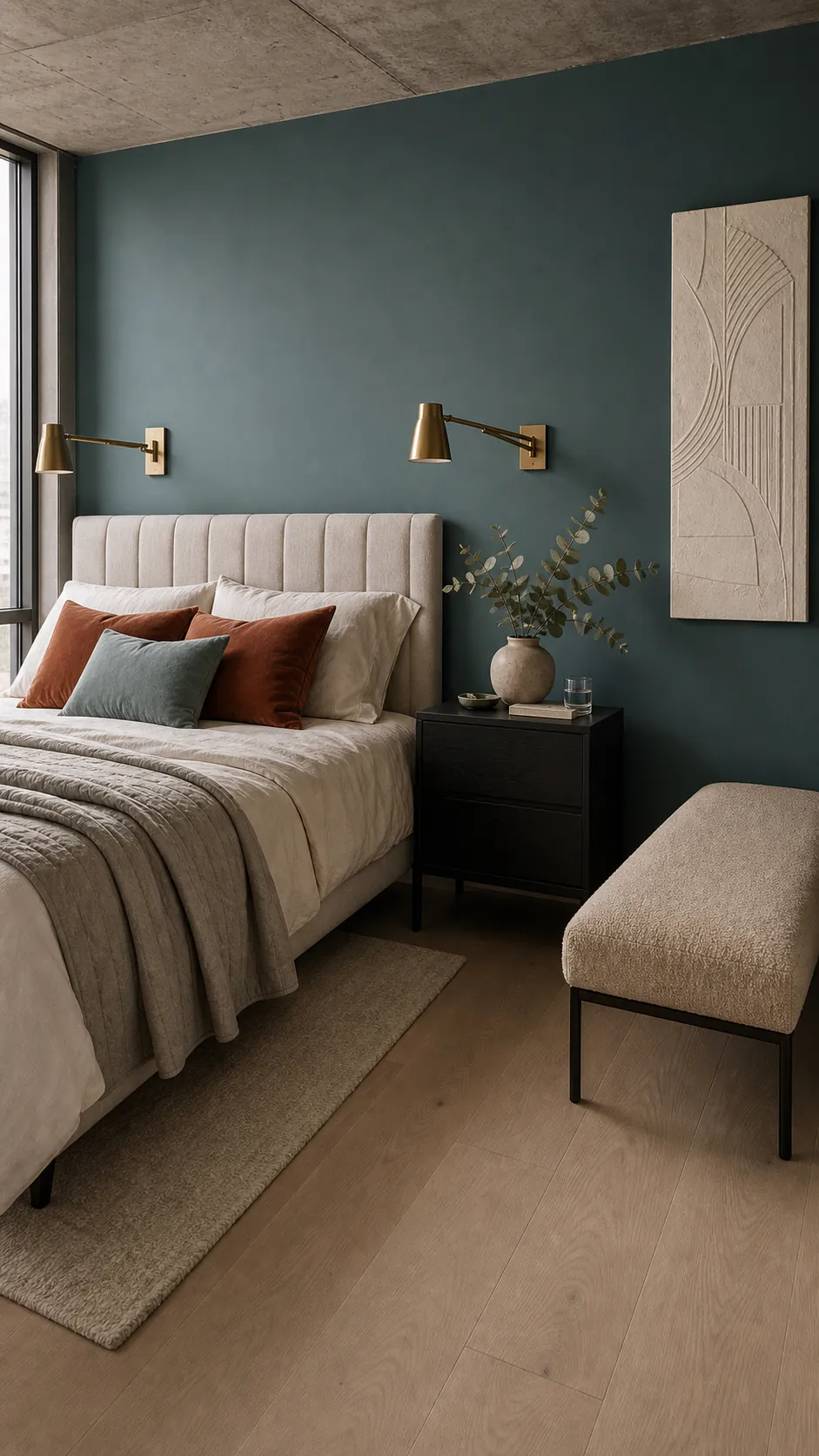 Smoky teal bedroom wall color with brass lighting and neutral bedding