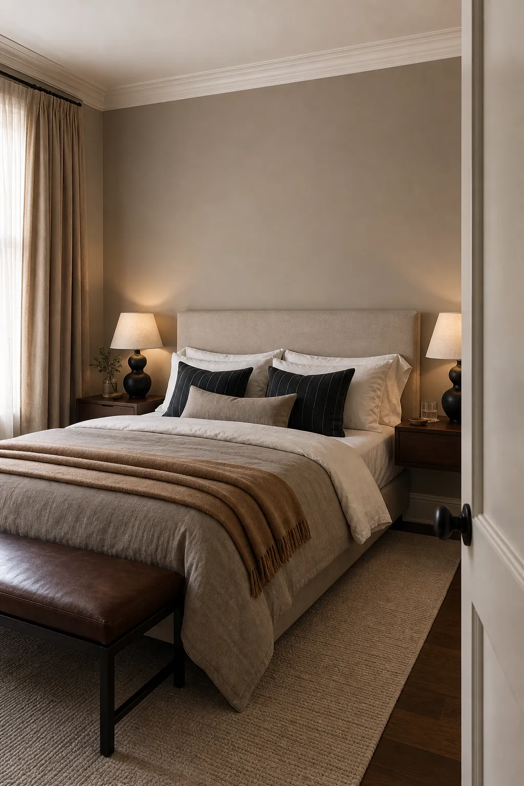 Taupe linen bedroom walls with layered white bedding and quiet hotel style