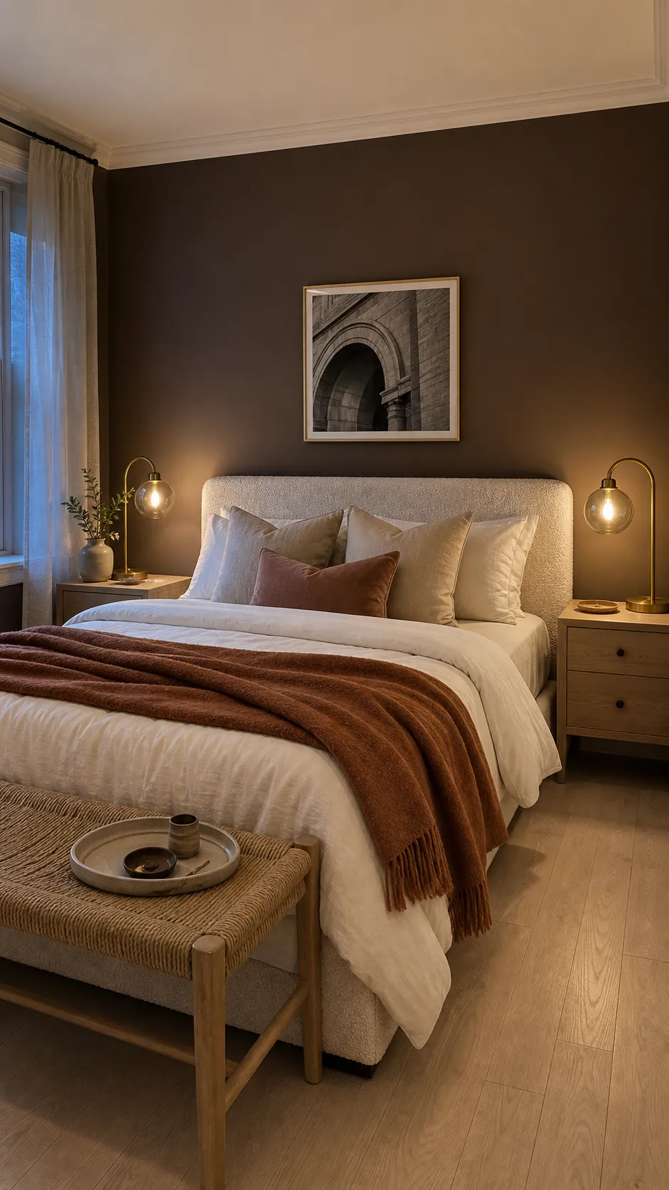 Cocoa brown bedroom walls with cream bedding and warm brass accents