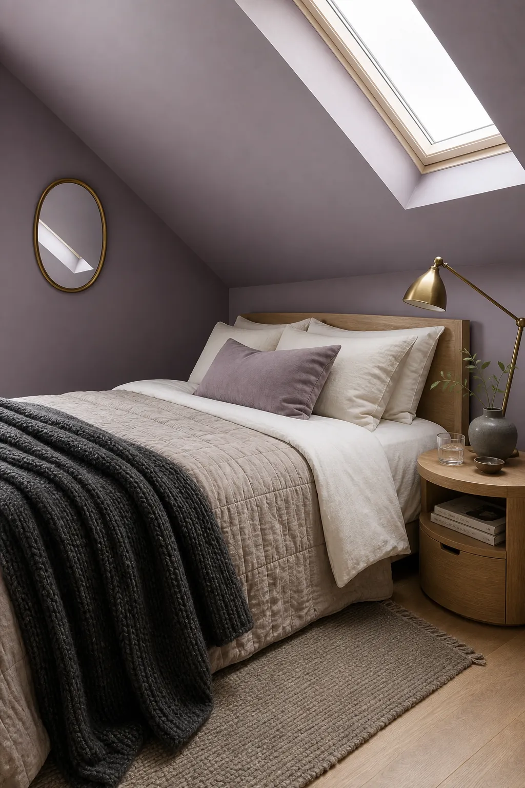 Dusty lavender bedroom walls with gray undertones and soft neutral bedding