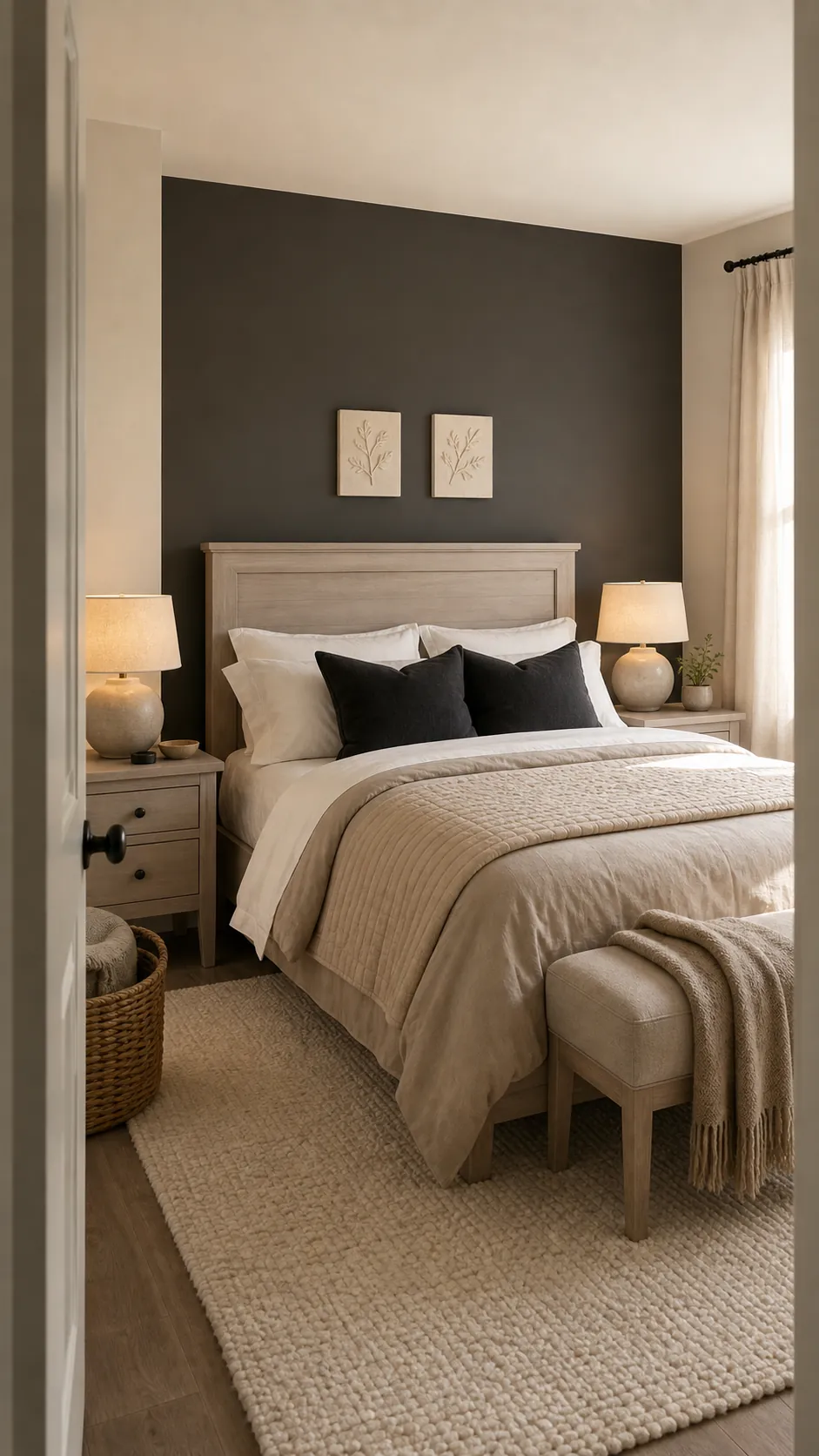 Charcoal bedroom accent wall balanced with soft neutral bedding and light wood