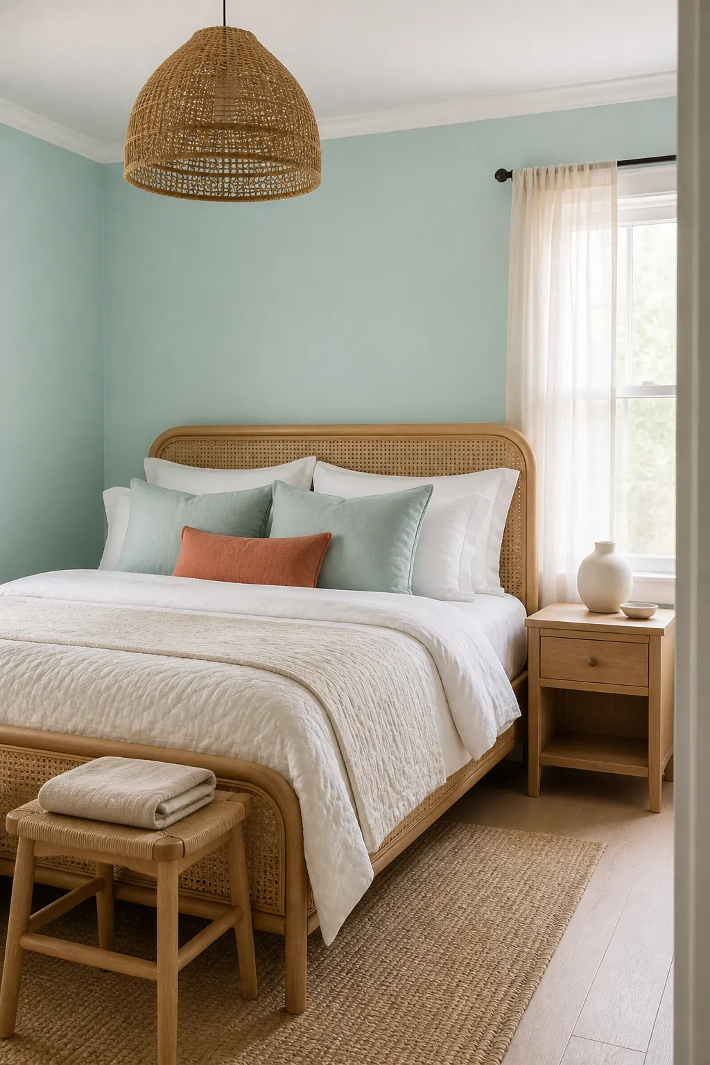 Pale aquamarine bedroom walls with warm white bedding and cane furniture