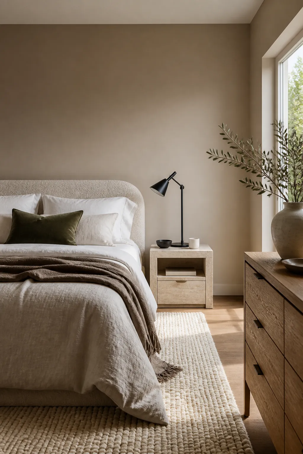 Mushroom beige bedroom walls with natural textures and soft white bedding