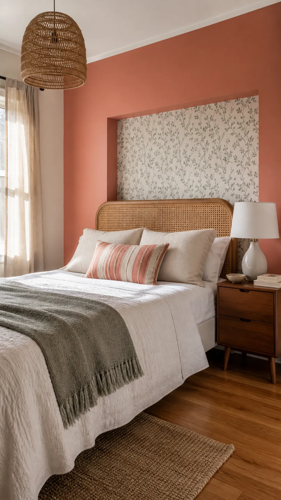 Muted coral bedroom accent wall with cream bedding and rattan details