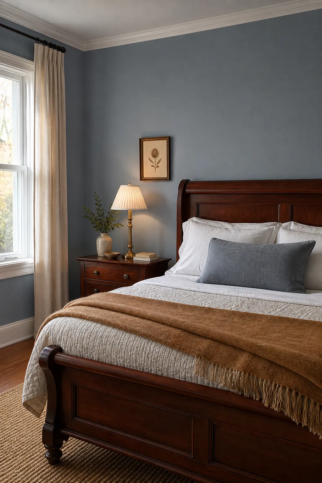 Blue gray bedroom walls with white bedding and traditional wood furniture