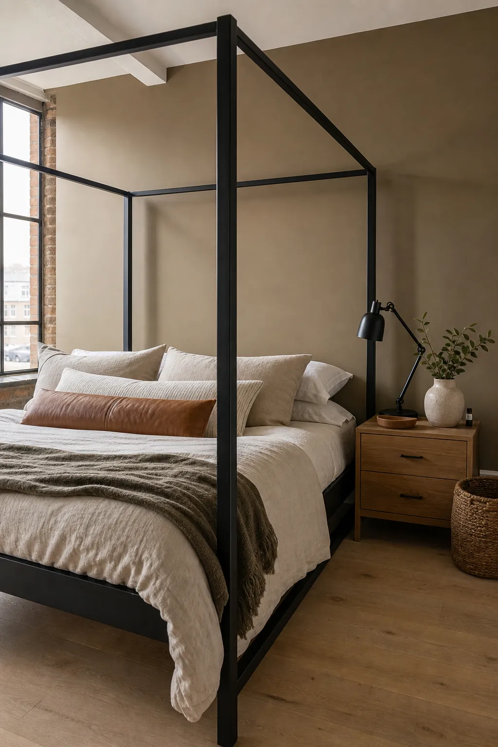 Modern khaki bedroom wall color with black accents and natural bedding