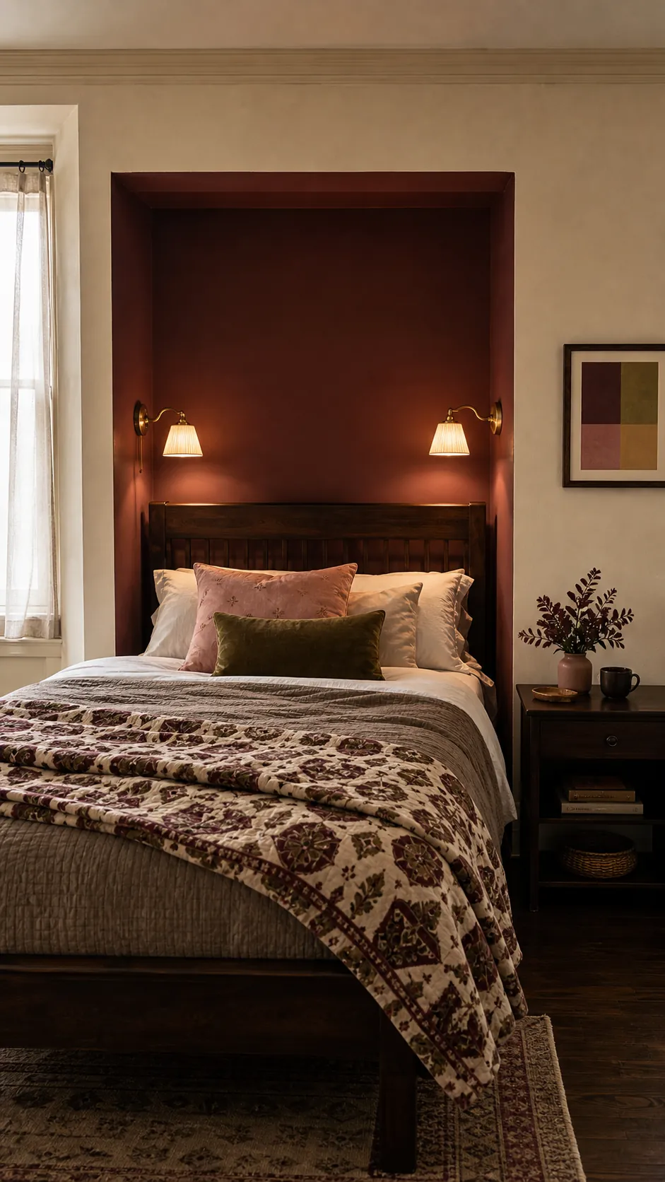 Burgundy bedroom alcove accent with cream walls and layered bedding