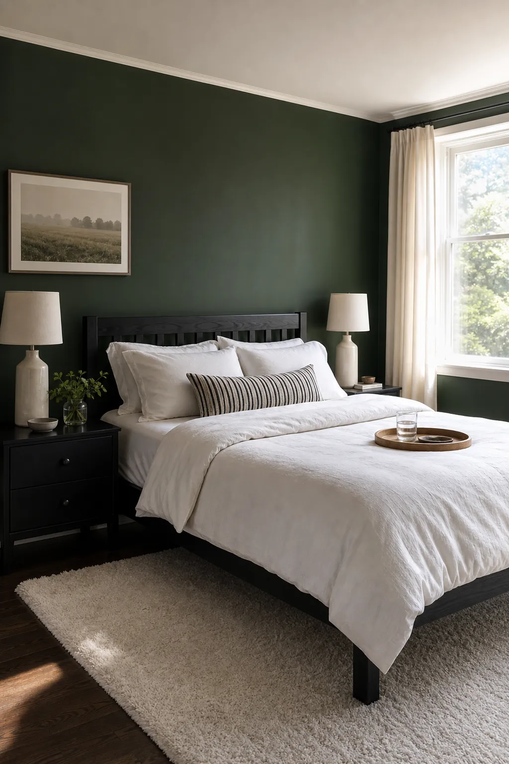 Forest green bedroom walls with white bedding and black wood furniture